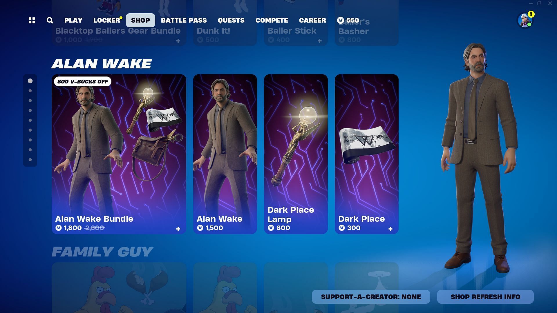 Alan Wake skin in Fortnite is currently listed in the Item Shop. (Image via Epic Games)