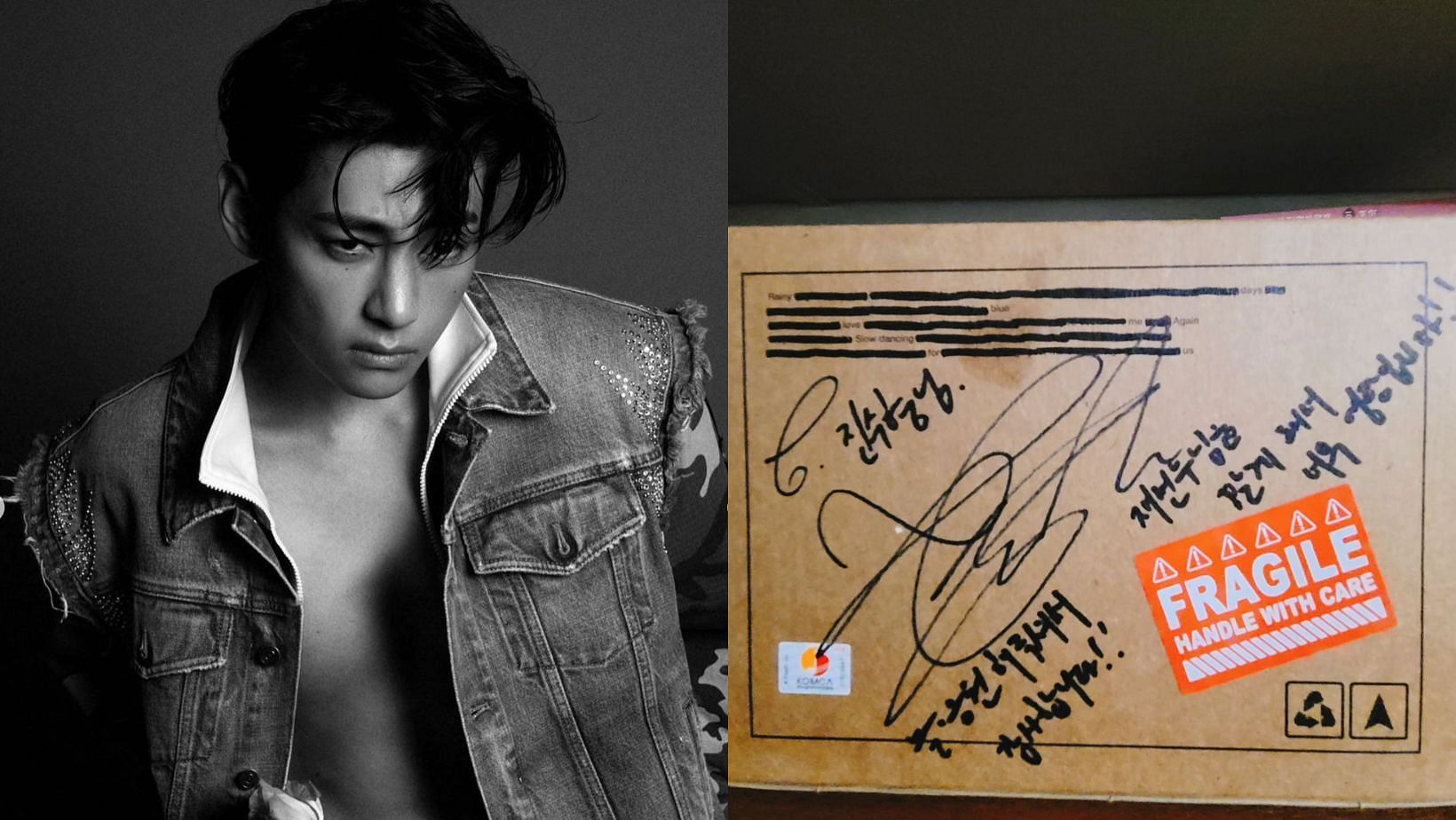 BTS&rsquo; Taehyung gifts a signed &ldquo;Layover&rdquo; album copy to Korean actor and comedian Kim Jin-soo. (Images via Instagram/@thv and @kimjinsoo_89)
