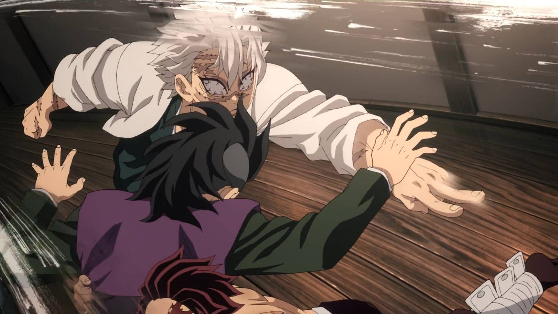 Tanjiro saves Genya from Sanemi (Image via Ufotable)