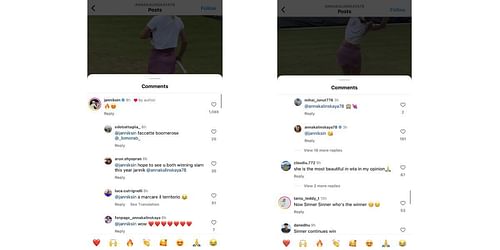 Jannik Sinner and Anna Kalinskaya's comments on the Instagram post