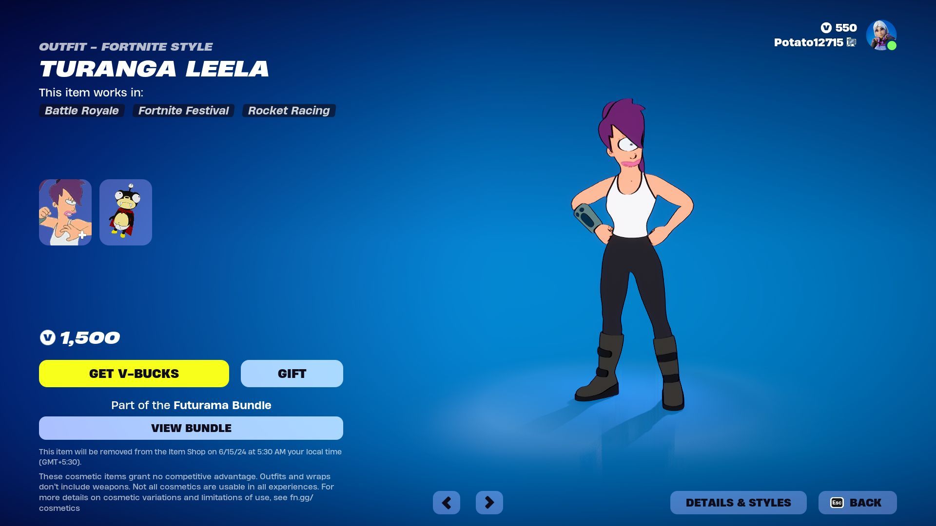 You can purchase Philip J. Fry, Turanga Leela, and Bender Bending Rodriguez (Futurama) skin in Fortnite separately (Image via Epic Games)