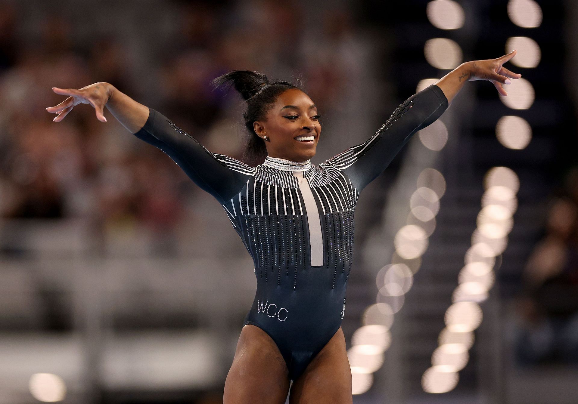 Simone Biles competes in the floor exercise during the 2024 Xfinity U.S. Gymnastics Championships at Dickies Arena in Fort Worth, Texas.