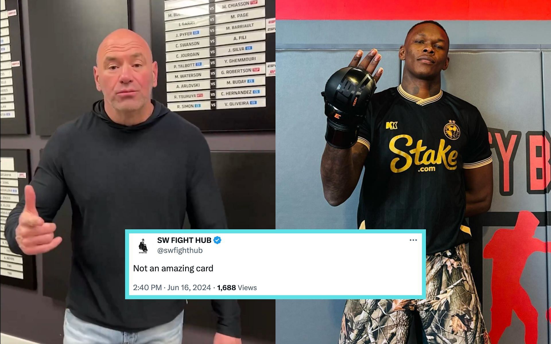 Fans react to Dana White (left) supposedly leaking the UFC 305 fight card featuring Israel Adesanya (right). [Images courtesy: @danawhite on X and @stylebender on Instagram]