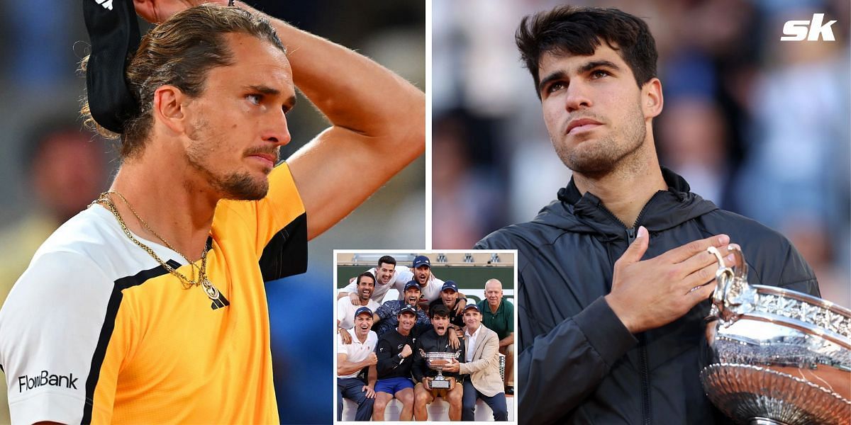 Alexander Zverev (L), Carlos Alcaraz (R), Alcaraz with his team (inset), (Image Source: Getty)