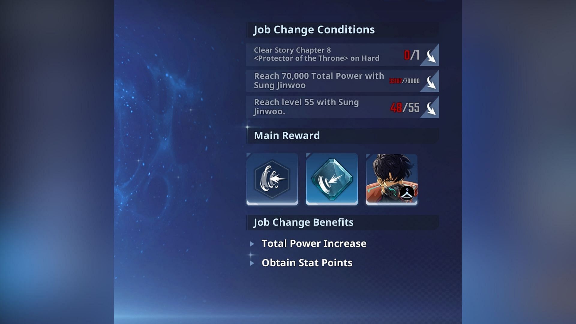 Job change conditions and rewards for the Monarch of Shadows: Rebel Leader job. (Image via Netmarble)