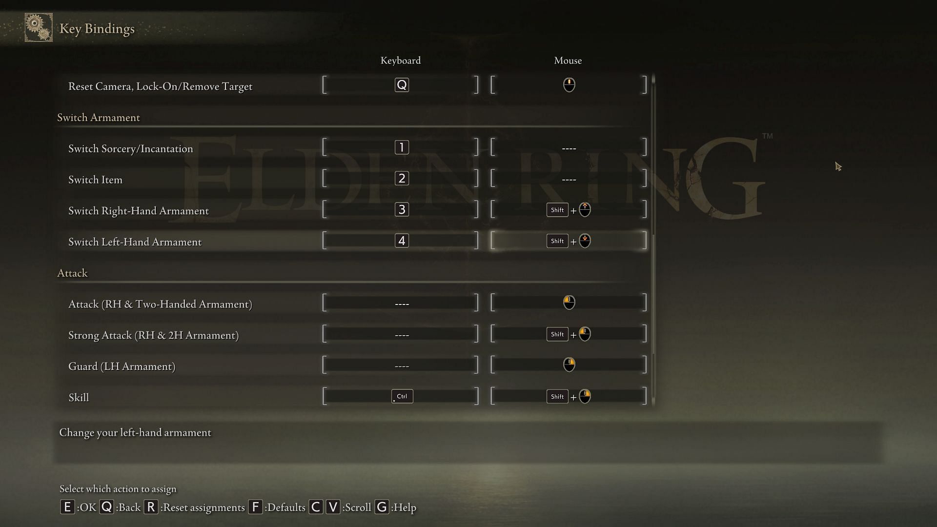 Keyboard and mouse settings for Shadow of the Erdtree (Image via FromSoftware)