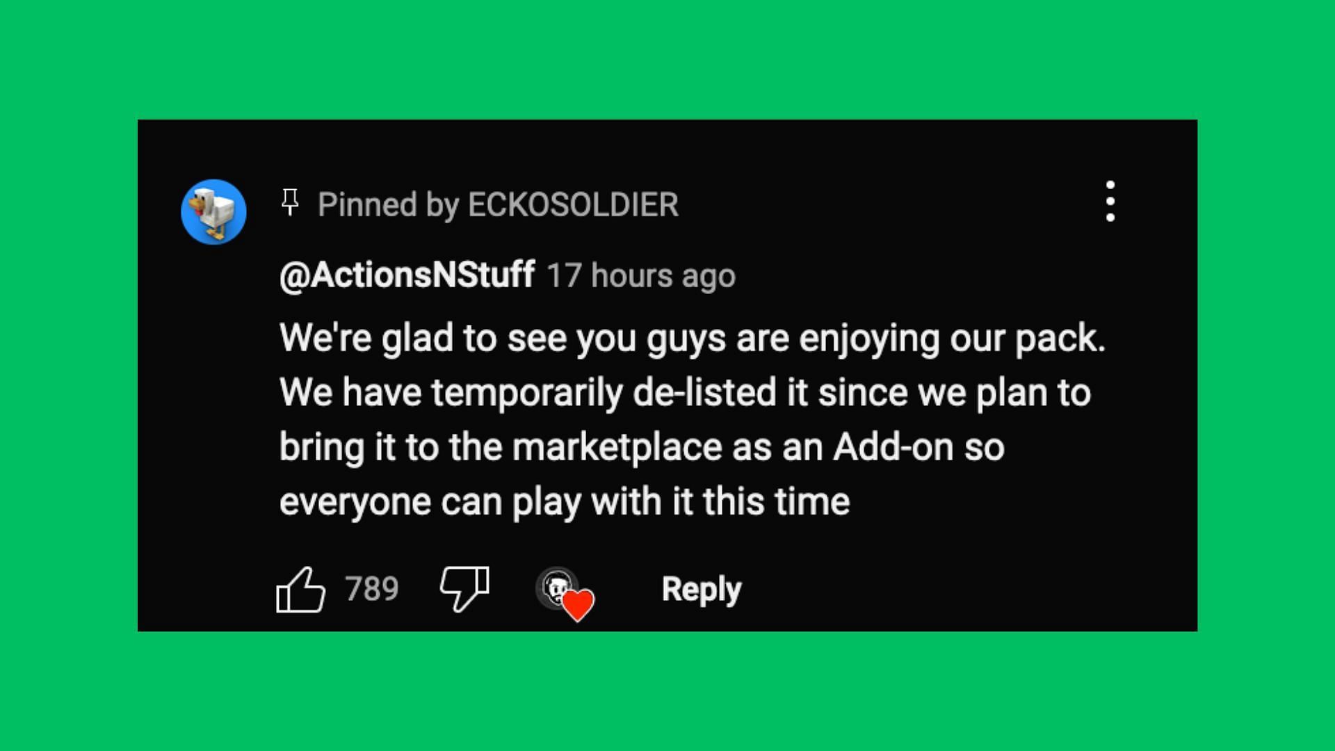 Comment by the developers of the resource pack (Image via YouTube/ECKOSOLDIER)
