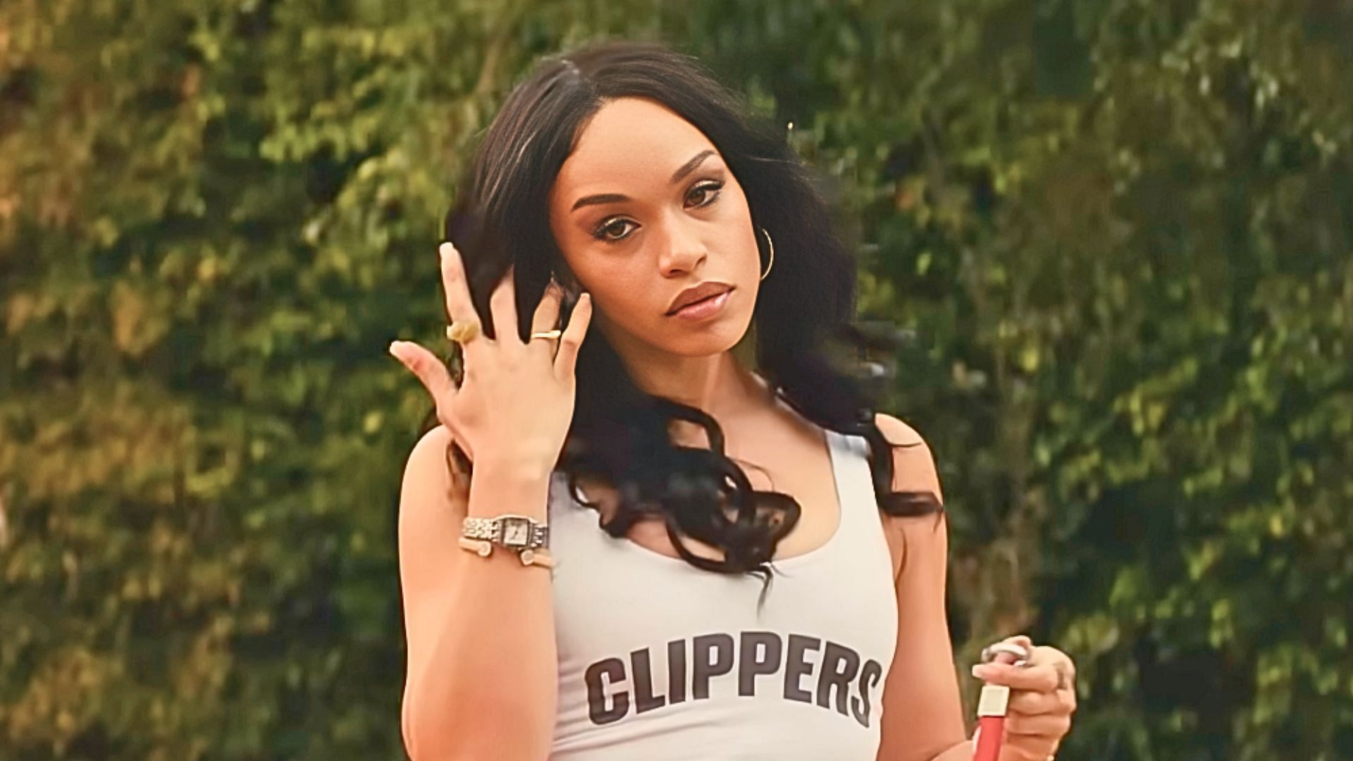 Cleopatra Coleman as V. Stiviano in the Clipped trailer (Image via YouTube/FX Networks, 0:42)