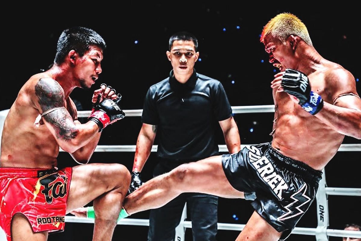 Rodtang (left) during his marquee matchup against Superlek (right). [Photo via: ONE Championship]
