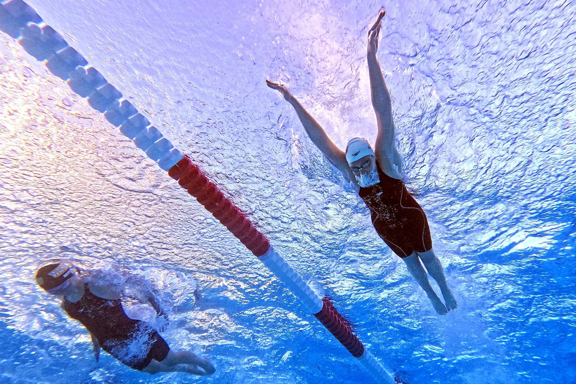 Katie Forrester (R) competes against Audrey Derivaux (L) in the Women&#039;s 200m Butterfly final on Day 2 of the TYR Pro Swim Series San Antonio at Northside Swim Center on April 11, 2024 in San Antonio, Texas. (Photo by Sarah Stier/Getty Images)