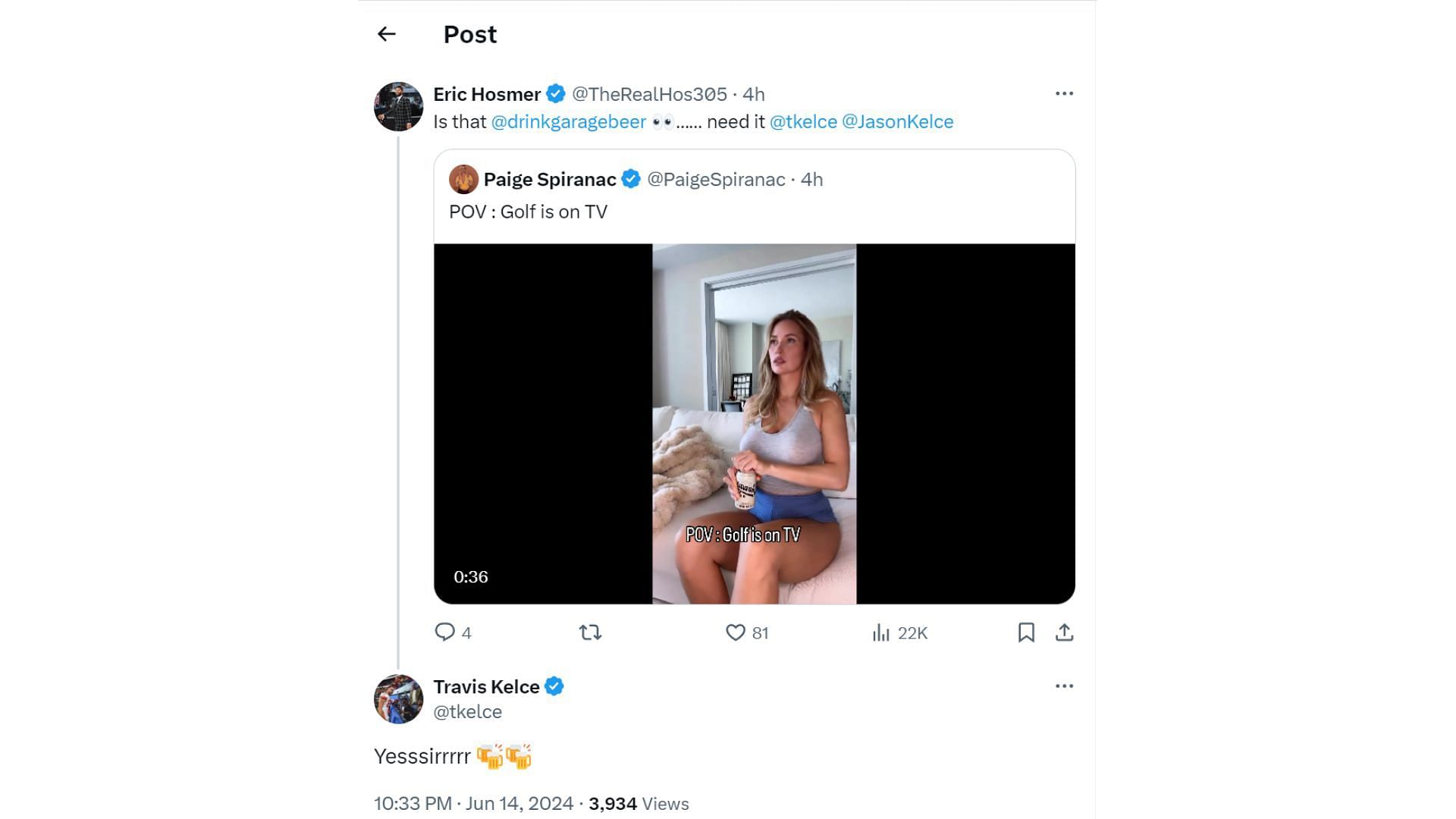 Travis Kelce responds to Eric Hosmer&#039;s tweet on Paige Spiranac&#039;s video (From: @tkelce Twitter)