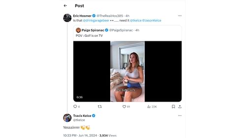 Travis Kelce responds to Eric Hosmer's tweet on Paige Spiranac's video (From: @tkelce Twitter)