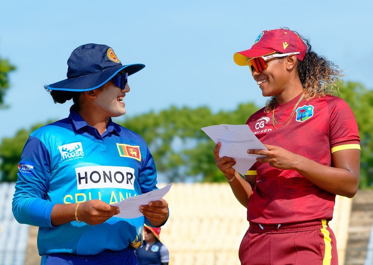 Chamari Athapaththu and Hayley Matthews during the toss (Image Courtesy: X/Sri Lanka Cricket)