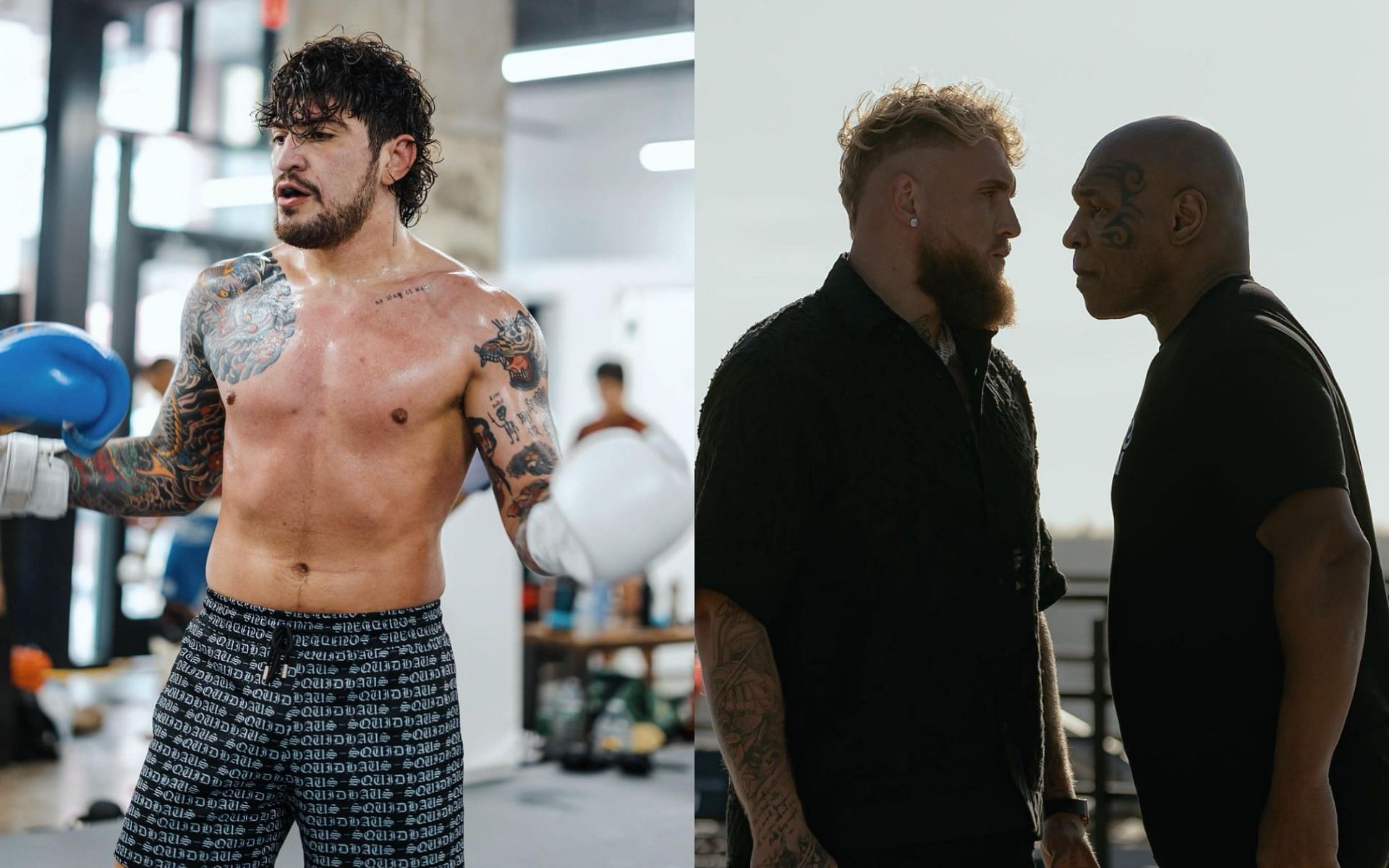 Dillon Danis (left) reacts to Jake Paul vs. Mike Tyson (right) being postponed [Photo Courtesy @dillondanis and @jakepaul on Instagram]