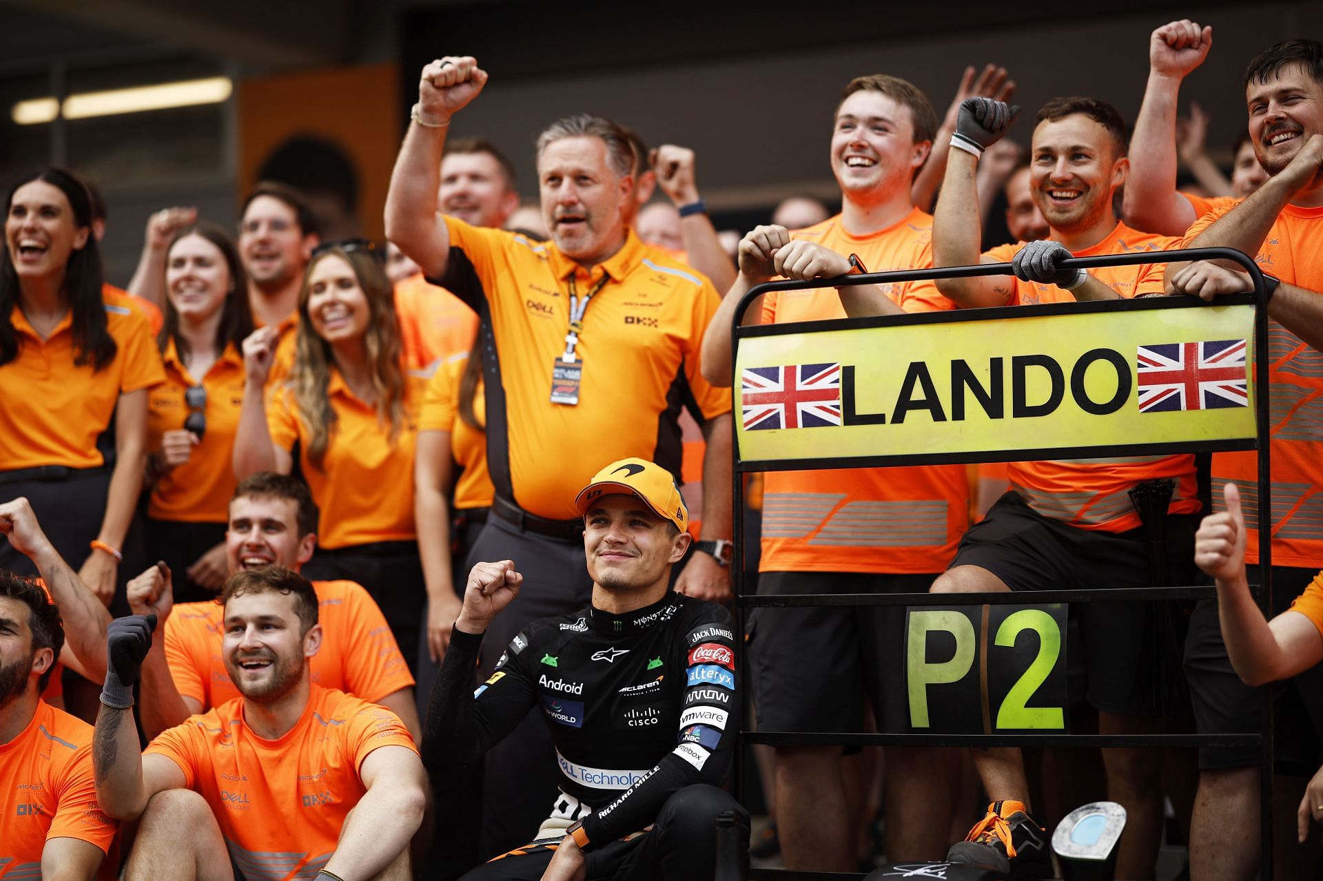 Second placed Lando Norris of Great Britain and McLaren celebrates with his team after the F1 Grand Prix of Spain at Circuit de Barcelona-Catalunya on June 23, 2024 in Barcelona, Spain. (Photo by Chris Graythen/Getty Images)