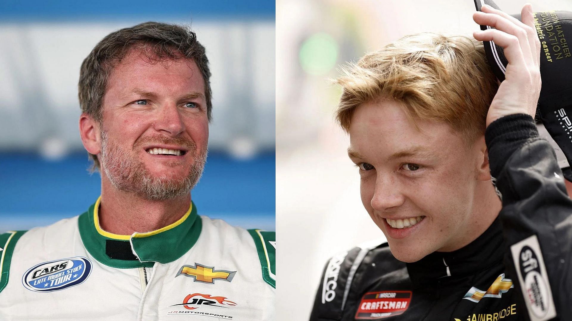 Dale Earnhardt Jr. (L) is reportedly considering signing Connor Zilisch (R) as a full-time Xfinity driver for JRM (Image Sources: All images from Getty)