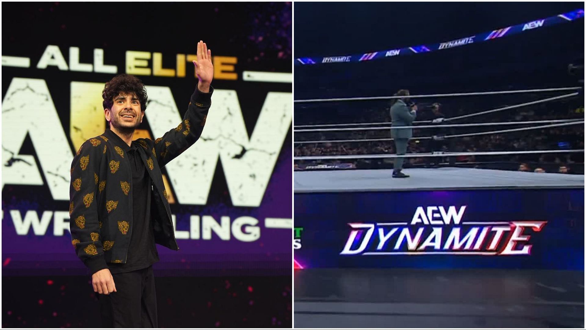 AEW President Tony Khan in front of the company logo, AEW fans at Dynamite