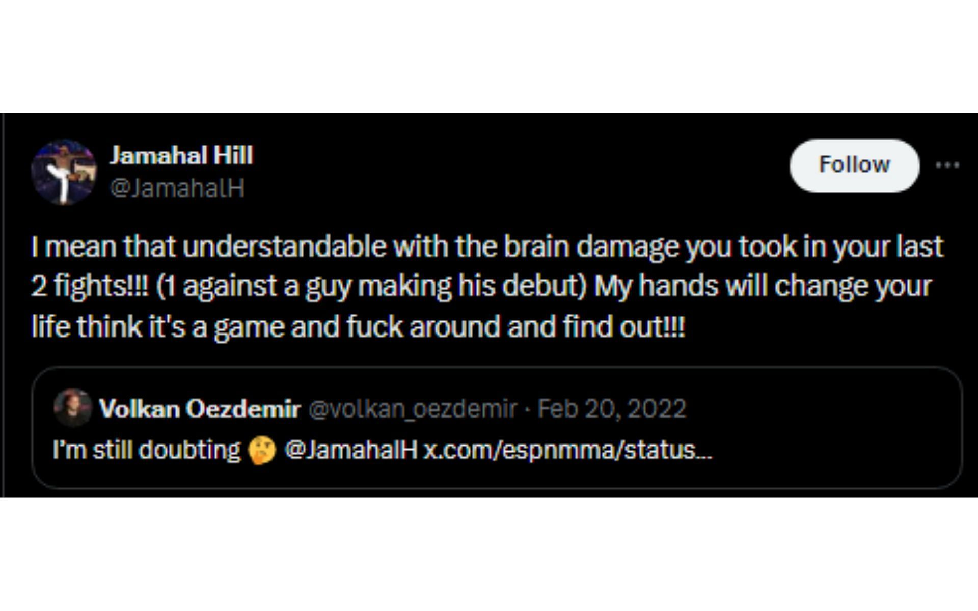 Hill's tweet regarding Oezdemir [Image courtesy: @JamahalH - X]