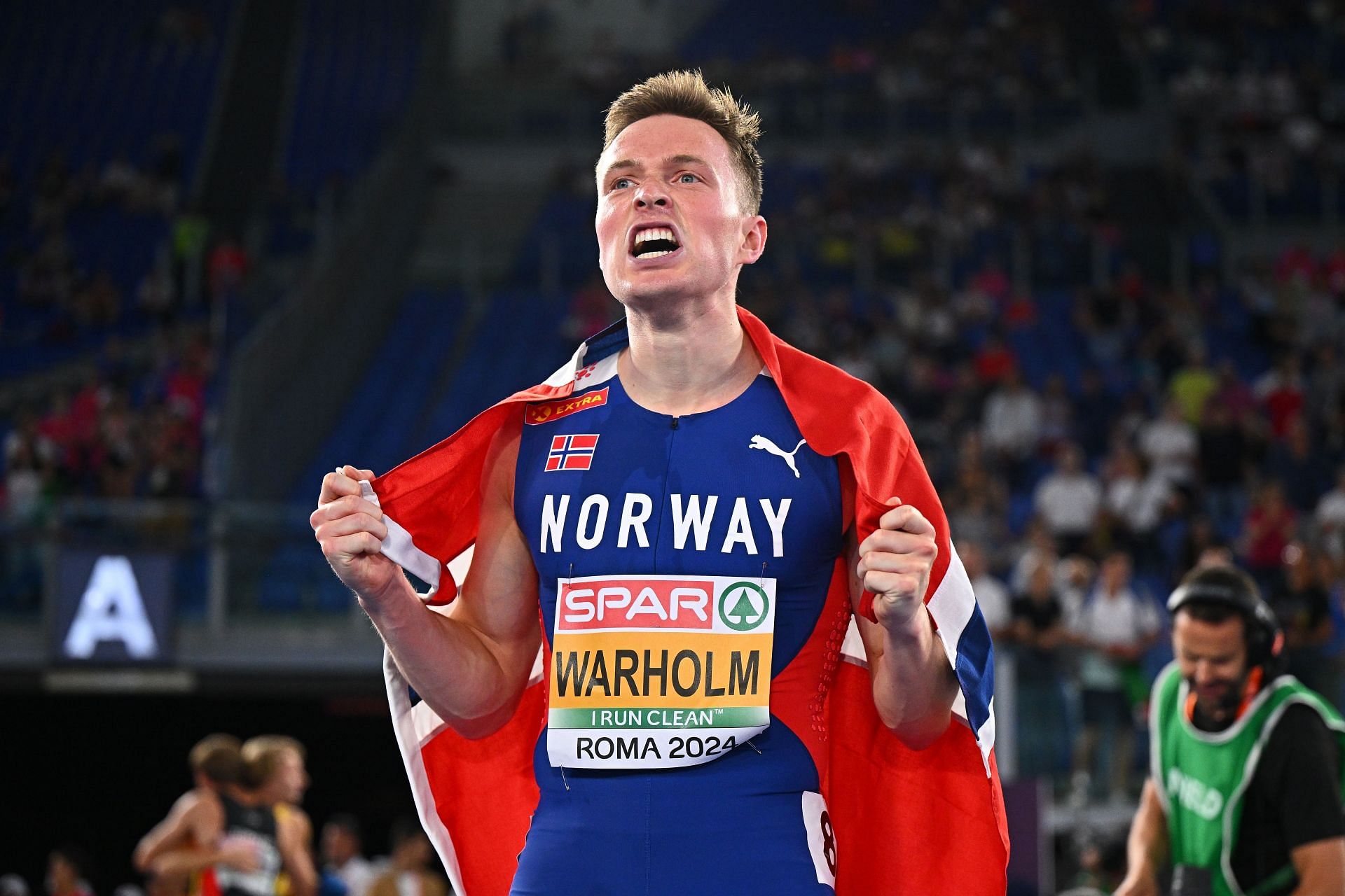 Karsten Warholm of Team Norway celebrates winning the gold medal in the Men&#039;s 400m Hurdle Final on day five of the 26th European Athletics Championships - Rome 2024 at Stadio Olimpico on June 11, 2024 in Rome, Italy. (Photo by Mattia Ozbot/Getty Images for European Athletics)