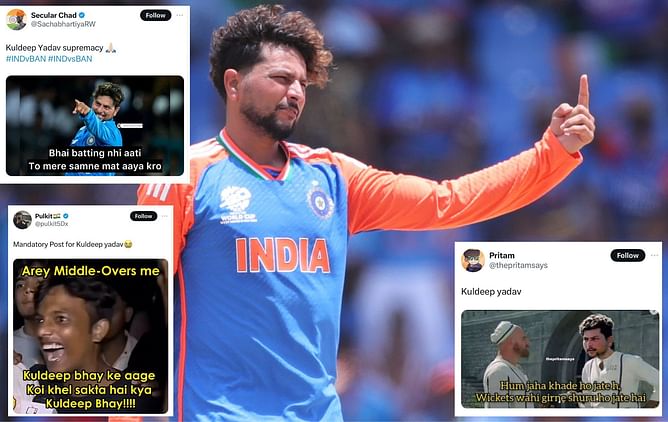 "Best spinner in the World Cricket" - Fans react to Kuldeep Yadav's stunning spell in IND vs BAN T20 World Cup Super 8 match