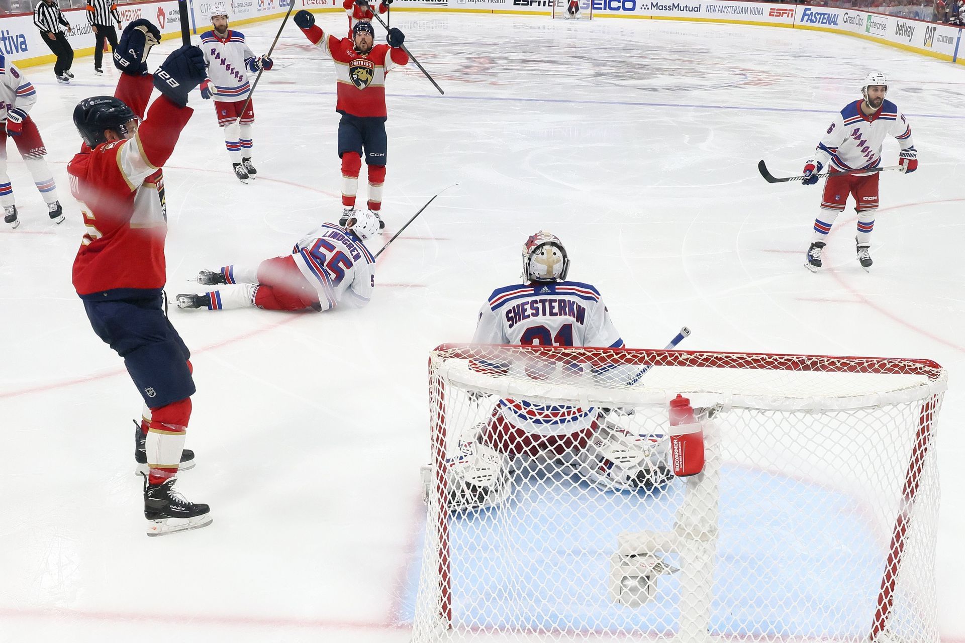 Igor Shesterkin defending the goal against the Panthers