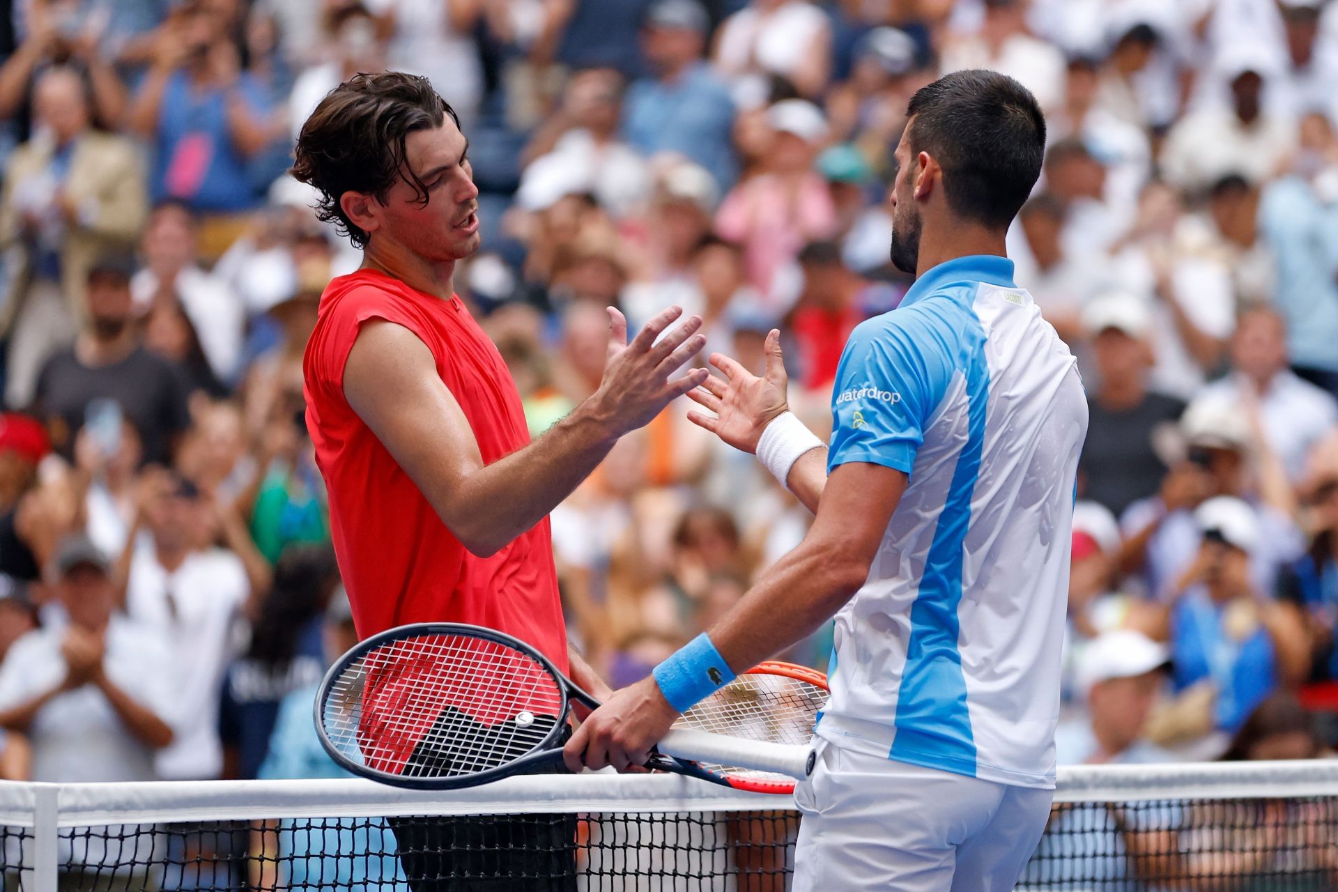 Taylor Fritz (L) and Novak Djokovic (R) at the 2023 US Open