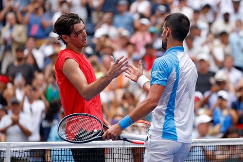 Taylor Fritz (L) and Novak Djokovic (R) at the 2023 US Open