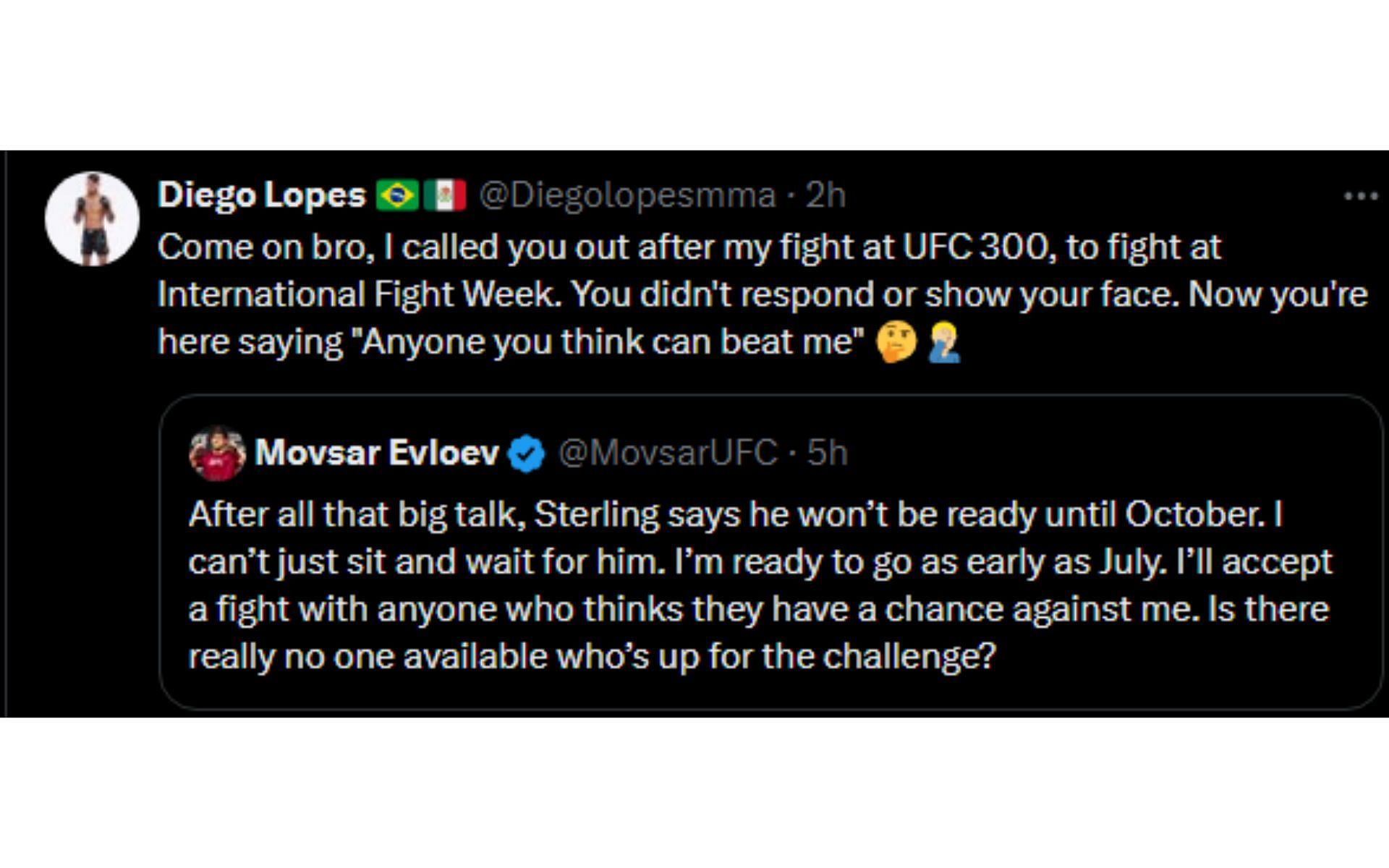 Lopes' tweet responding to Evloev's challenge [Image courtesy: @Diegolopesmma - X]