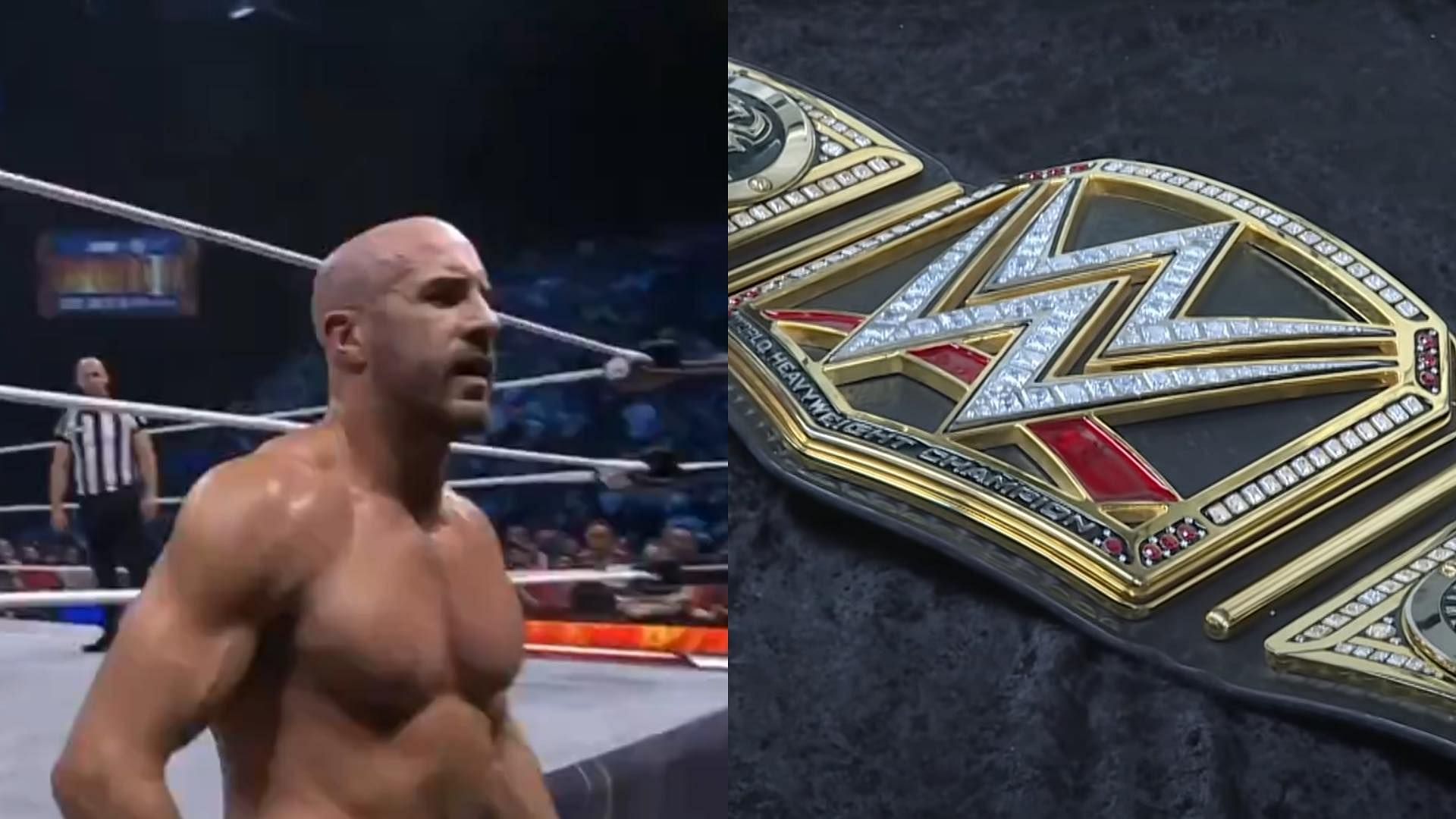 Claudio Castagnoli (left) and WWE Universal Title (right) [Images courtesy WWE YouTube and AEW Triller live stream]