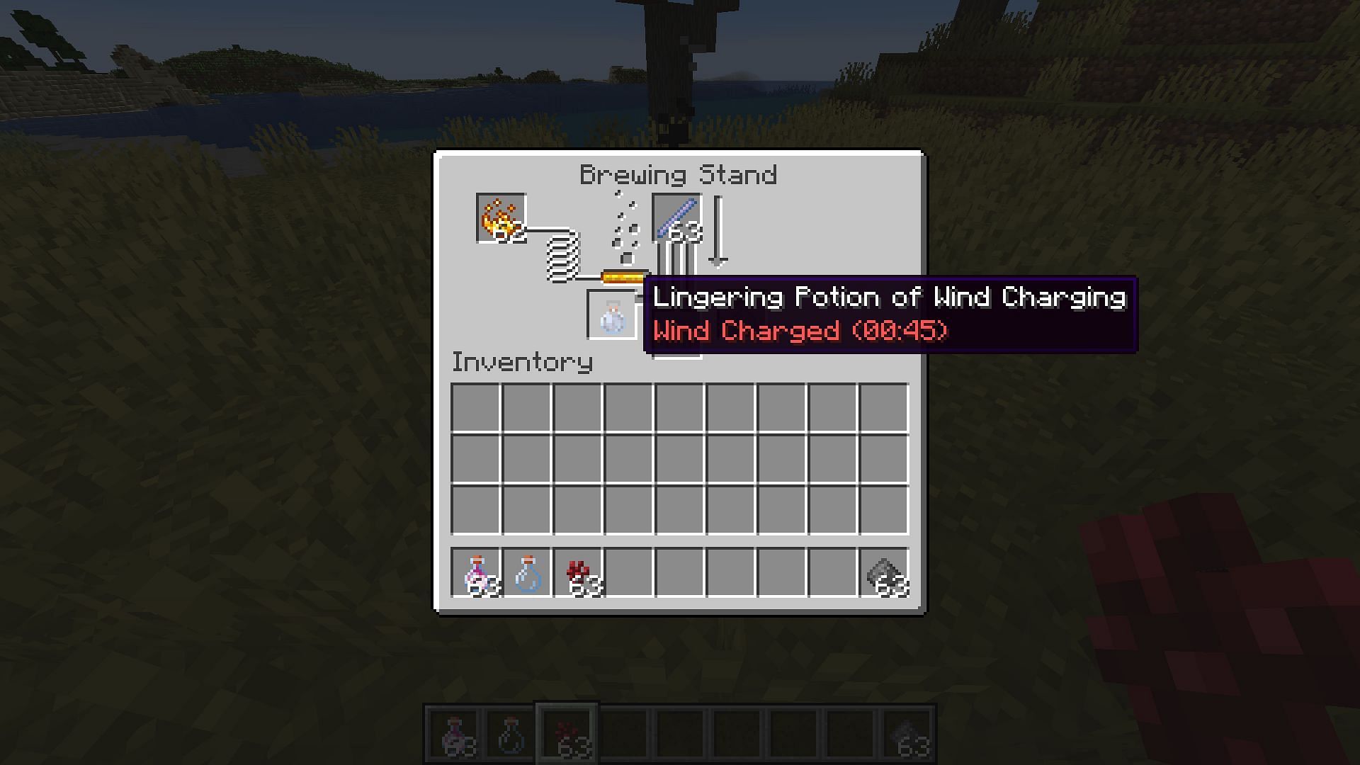The creation of a Lingering Potion of Wind Charged in a brewing stand in Minecraft 1.21 (Image via Mojang)