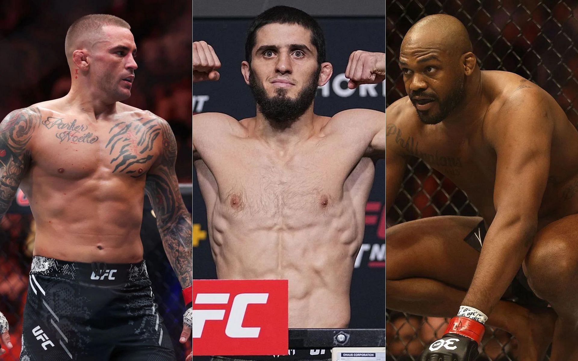 Dustin Poirier (left) speaks about Islam Makhachev (middle) and Jon Jones (right) [Image courtesy: Getty]