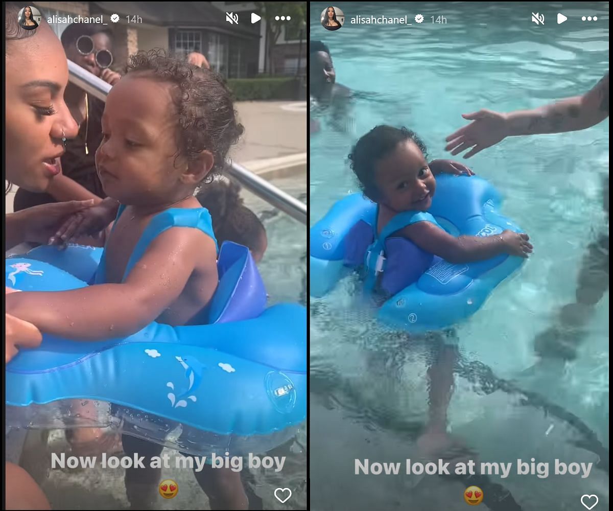 Alisah Washington dotes on baby boy as he floats around in a pool (Image credit: Alisah Washington IG)