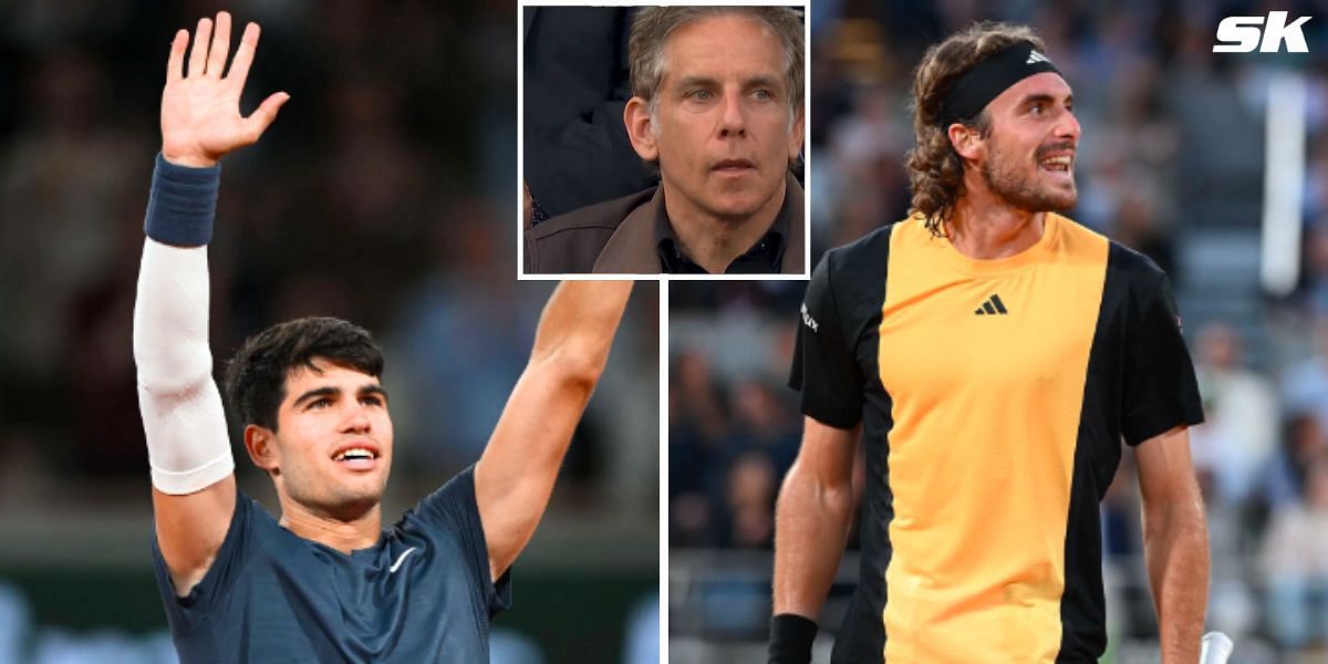 Carlos Alcaraz and Stefanos Tsitsipas (source: Getty Images- Left and Right, Insert: video screen shot)