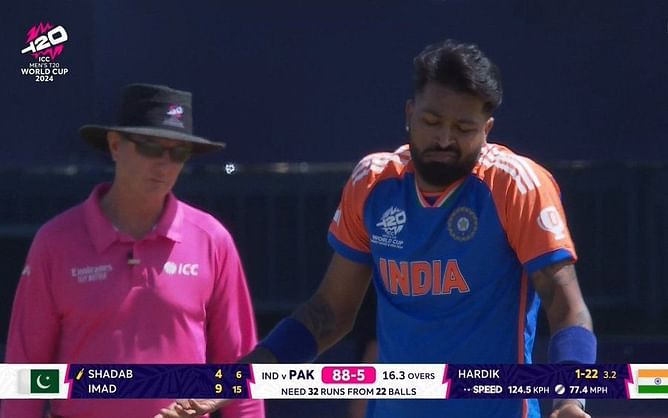 [WATCH] Hardik Pandya comes up with an interesting reaction after dismssing Shadab Khan in IND vs PAK 2024 T20 World Cup clash