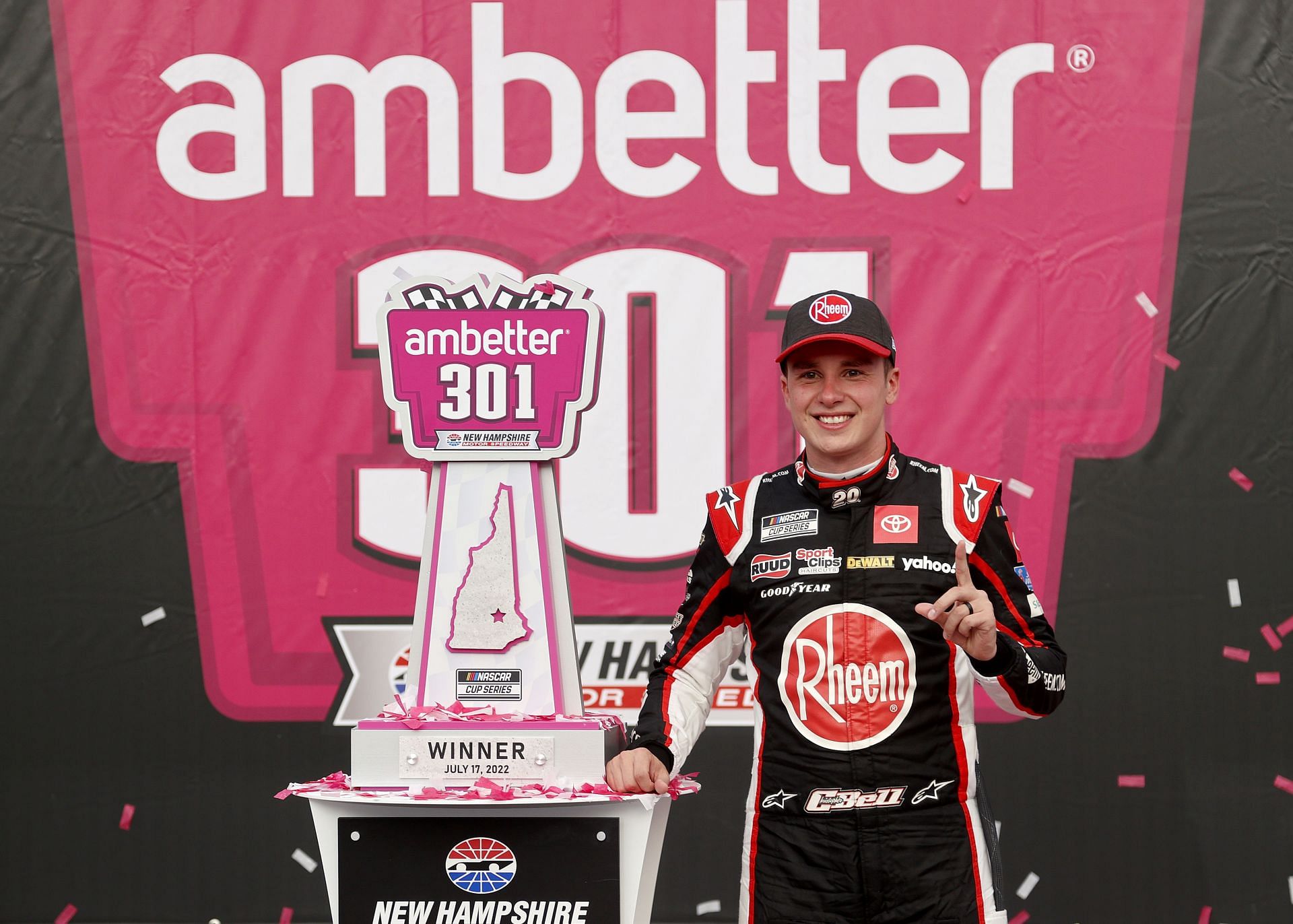 Christopher Bell celebrates in victory lane after winning the NASCAR Cup Series Ambetter 301. Courtesy: Getty