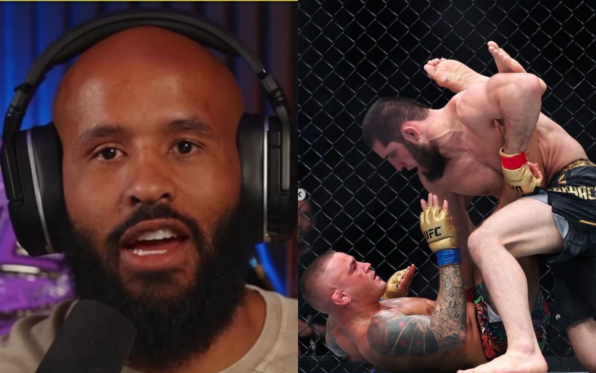 Demetrious Johnson (left) sounded off on what Dustini Poirier (right, bottom) could have done better against Islam Makhachev (right, top) [Image credit: The UFC and Demetrious Johnson