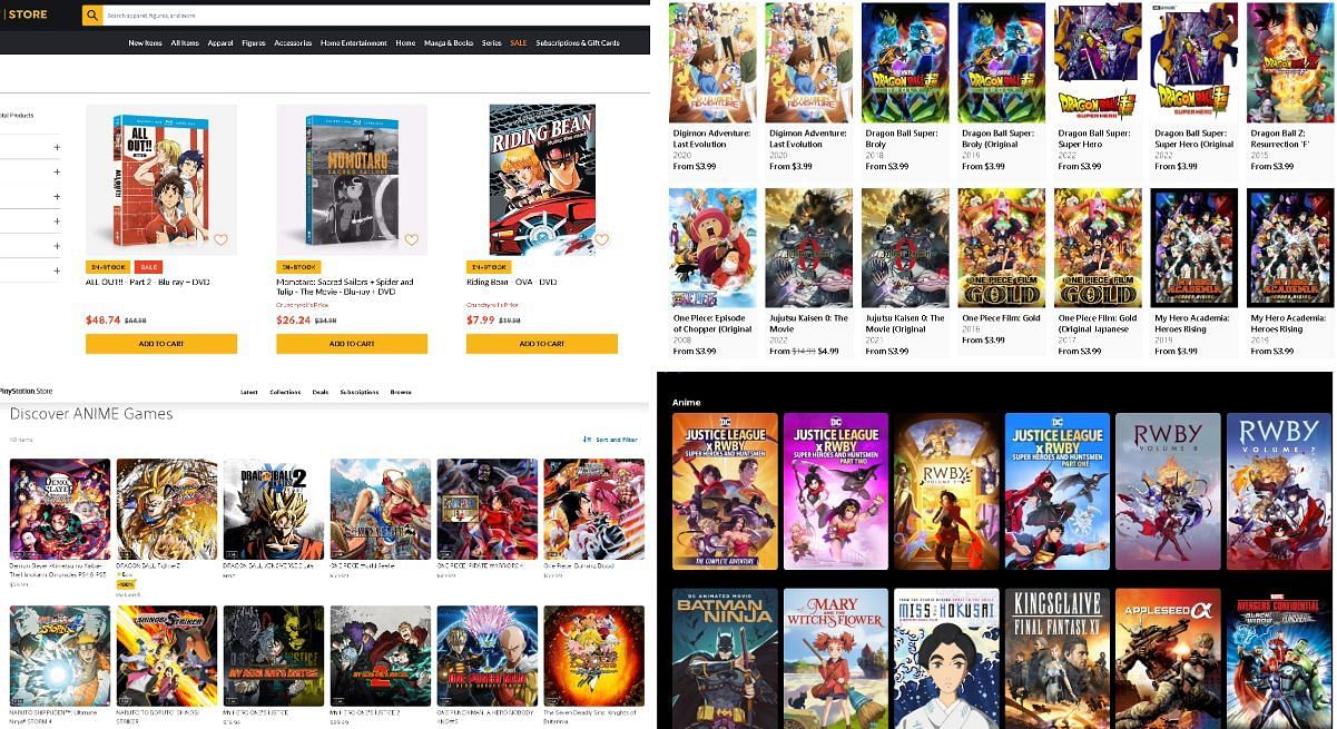 Examples of Digital storefronts (Image via Crunchyroll, Microsoft, Sony, and Disney)