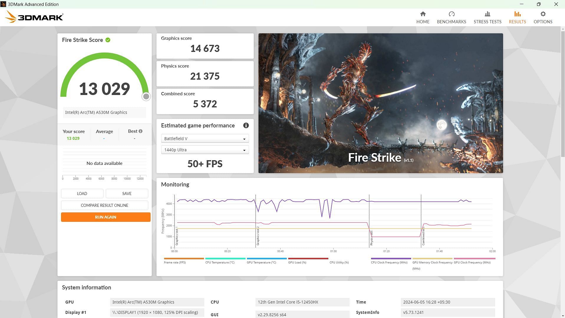 Fire Strike benchmark results on the Arc A530M (Image via Sportskeeda)