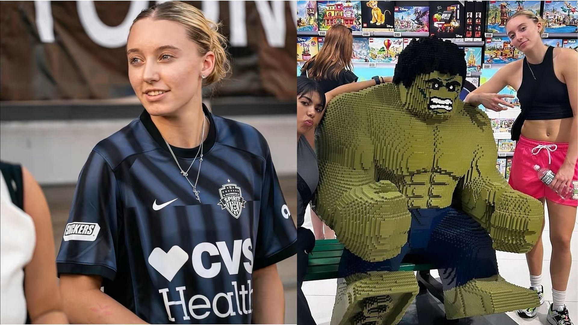 Paige Bueckers stands next a Lego figure of Hulk