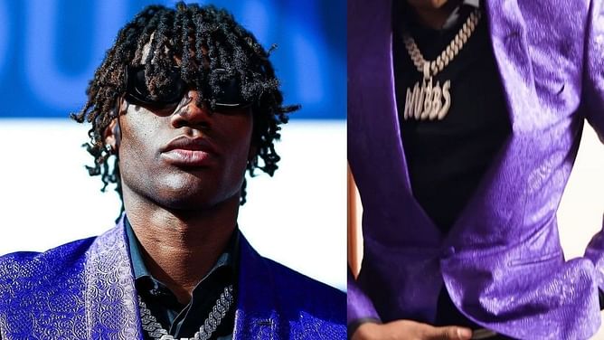 In Photos: Ja'Kobe Walter models black ensemble with purple suit and dramatic custom-made chain for NBA draft