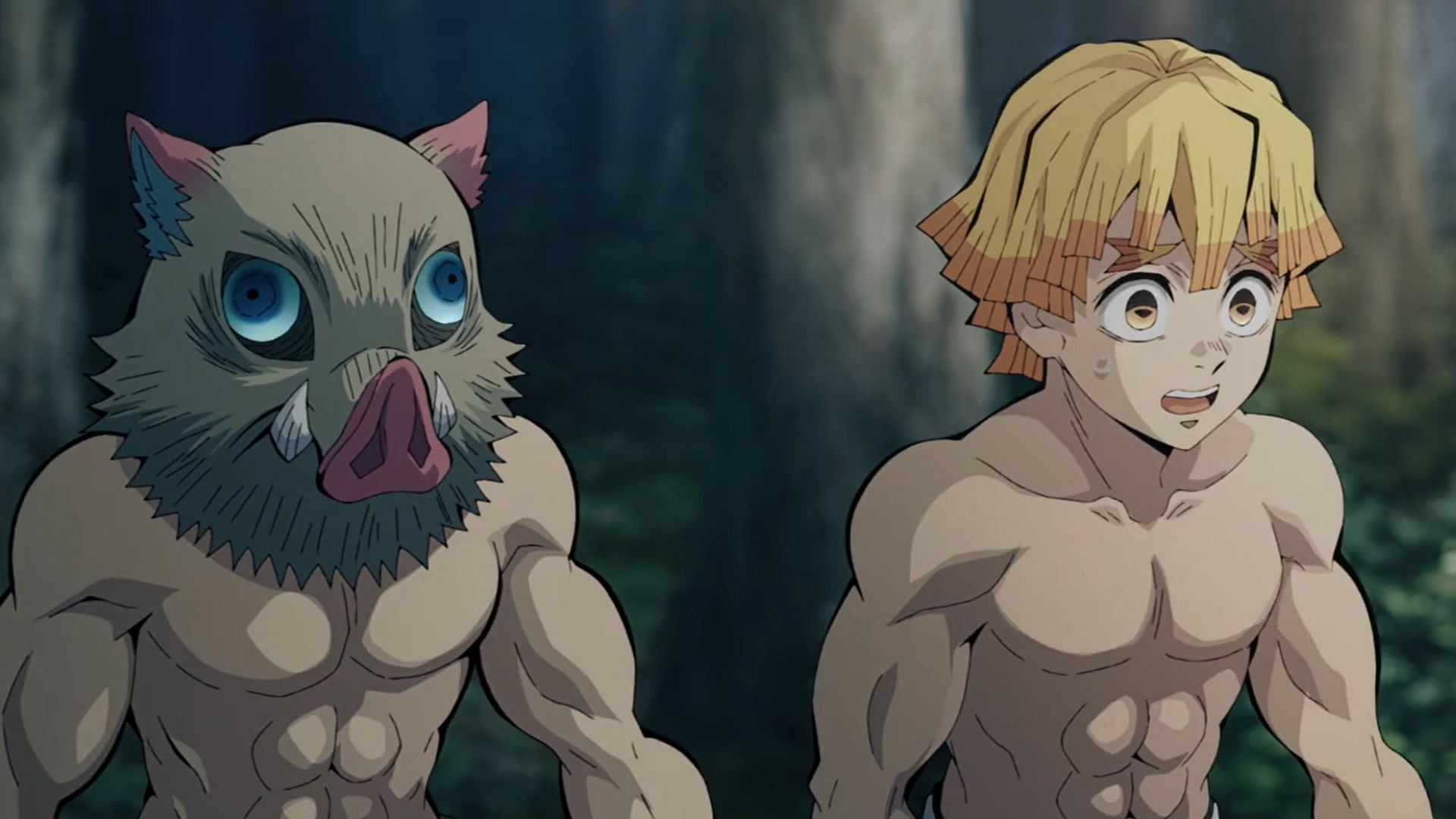 Inosuke and Zenitsu as seen in the Demon Slayer anime (Image via Ufotable)