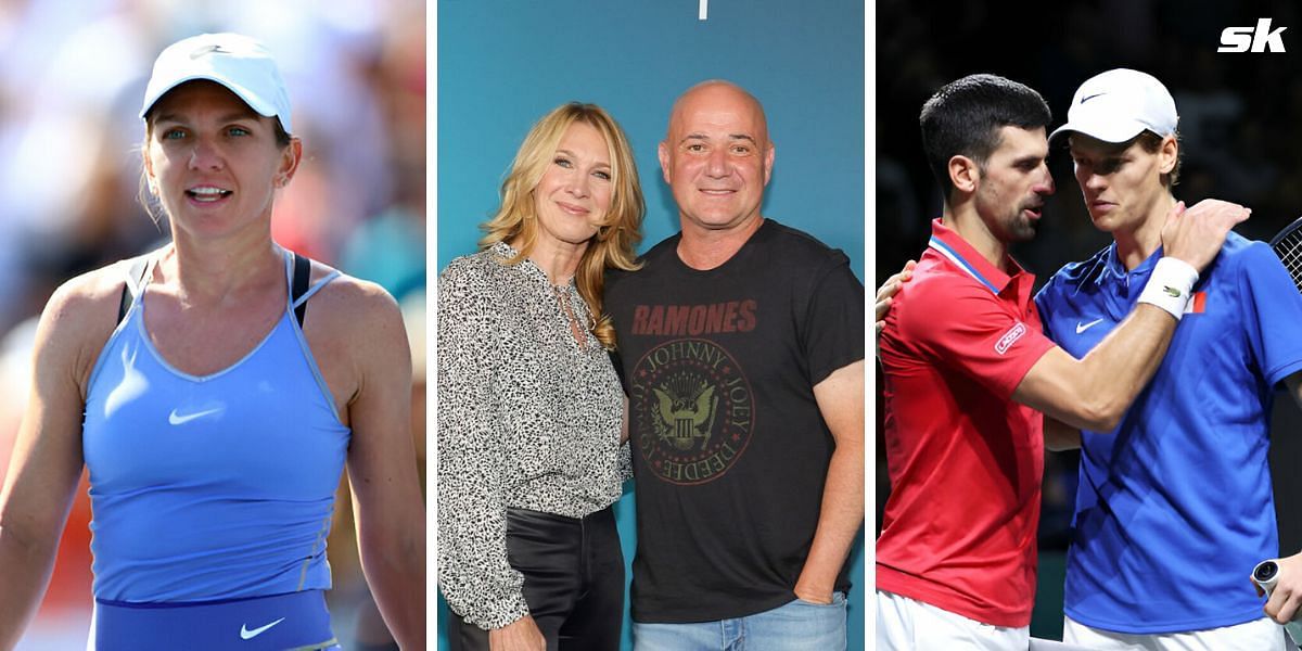 (Left to Right) Simona Halep, Steffi Graf, Andre Agassi, Novak Djokovic, Jannik Sinner (Source: Getty Images)