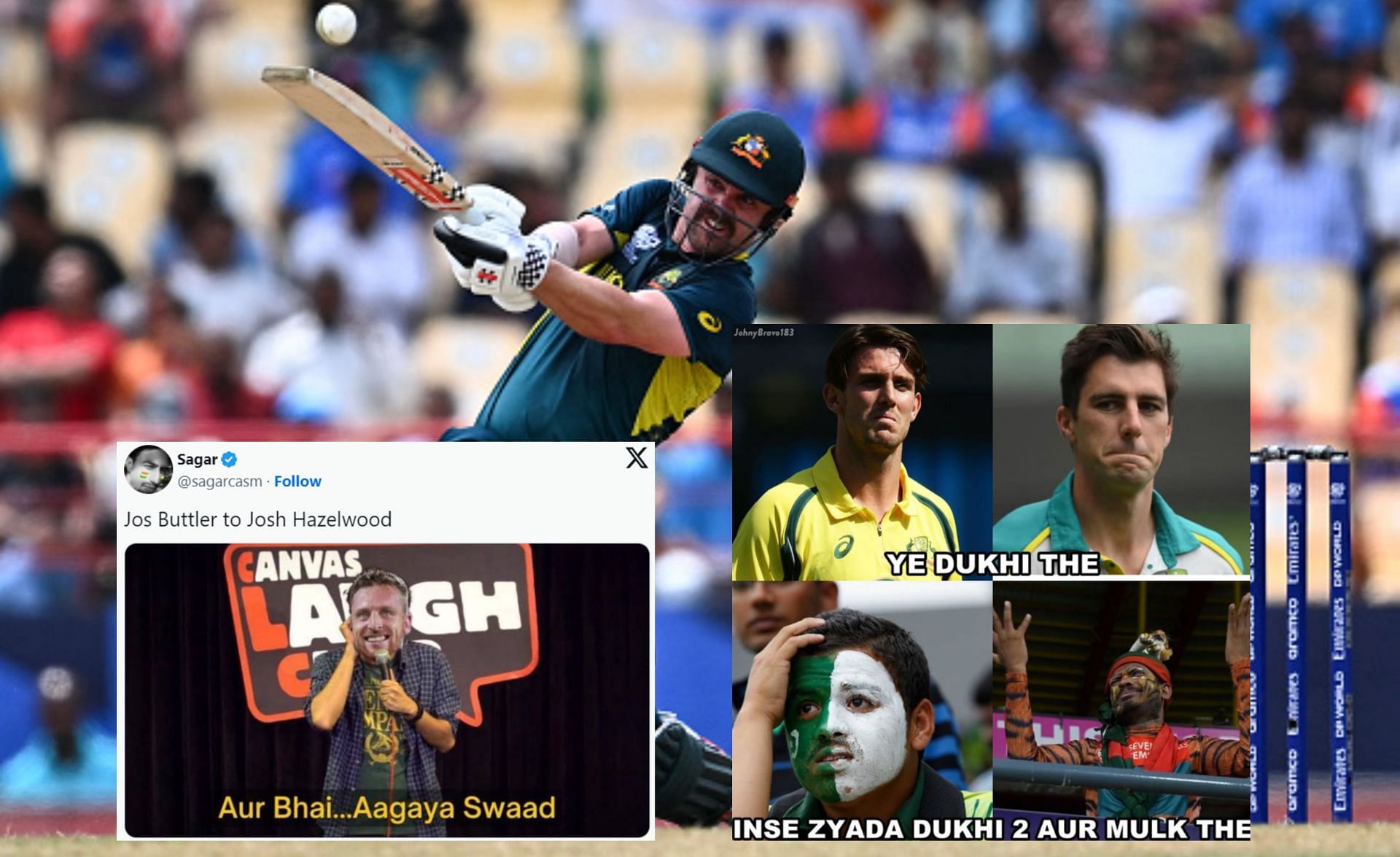 Fans share memes after Australia got knocked out from T20 World Cup. (Image: ICC, @sagarcasm, @JohnyBravo183/X)