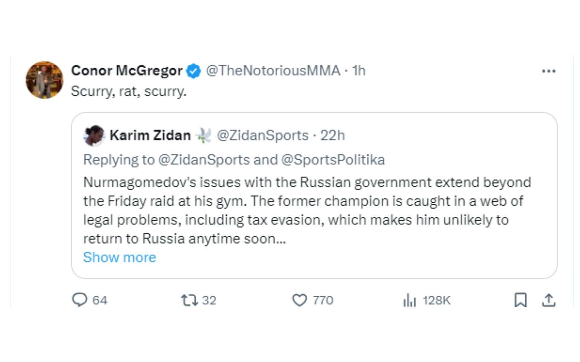 Screenshot of Conor McGregor&#039;s post about Khabib Nurmagomedov