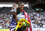Quanera Hayes celebrates after winning the Women's 400m final during the Weltklasse Zurich, in Switzerland.