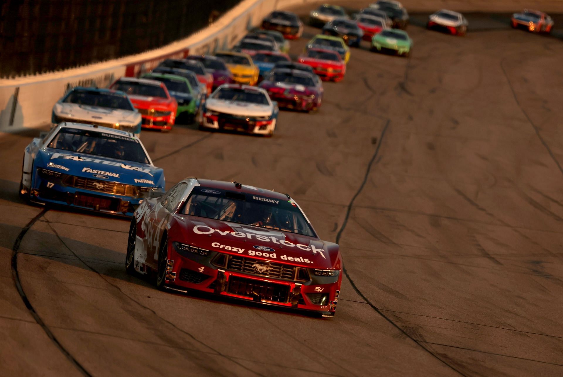 NASCAR Cup Series Iowa Corn 350: Josh Berry, driver of the #4 Overstock.com Ford, leads a pack of cars during the NASCAR Cup Series Iowa Corn 350 at Iowa Speedway on June 16, 2024 in Newton, Iowa. (Photo by Jonathan Bachman/Getty Images)