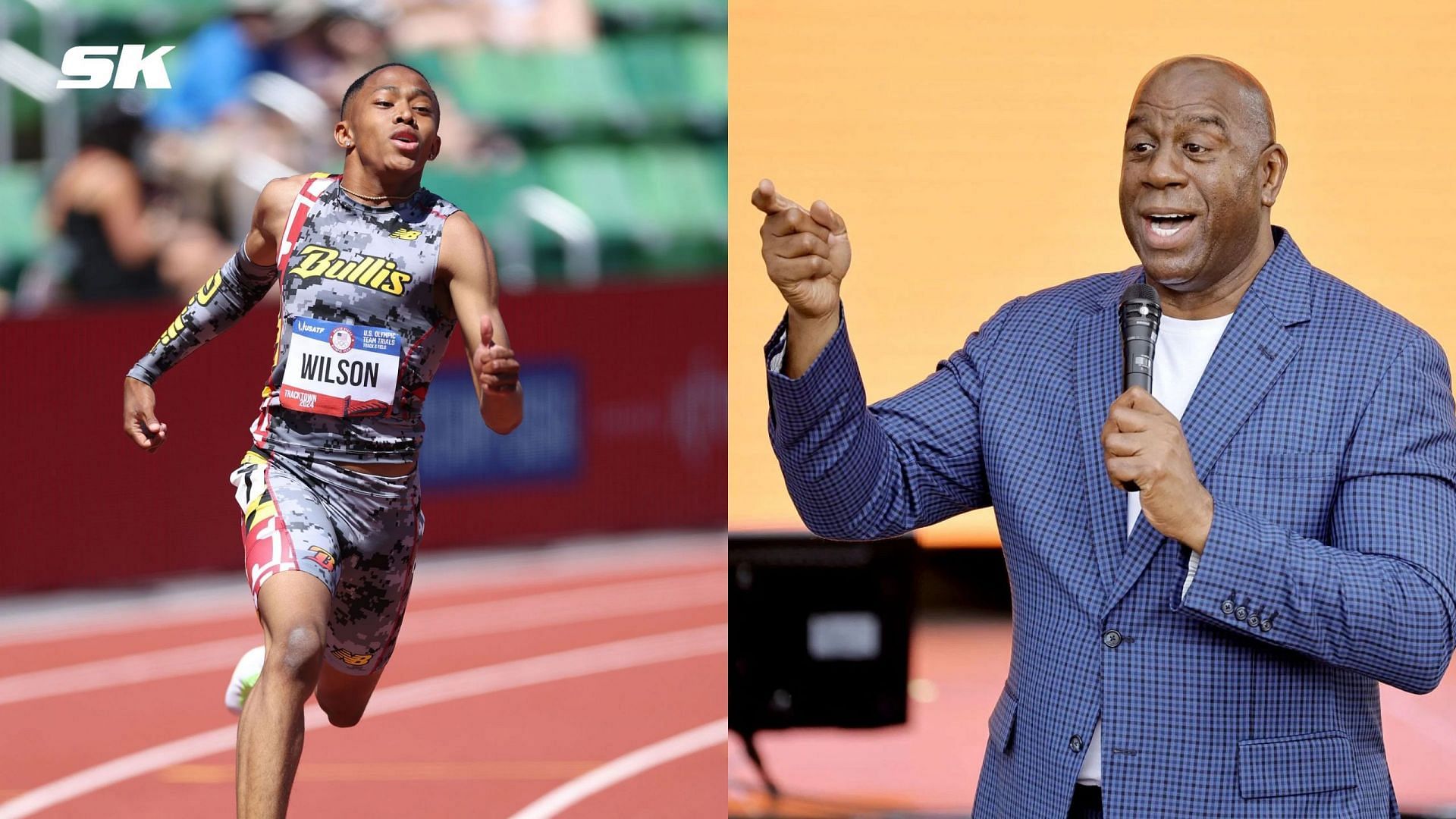 Magic Johnson reacts to Quincy Wilson at the 2024 U.S. Olympic Team Trials | Getty Images