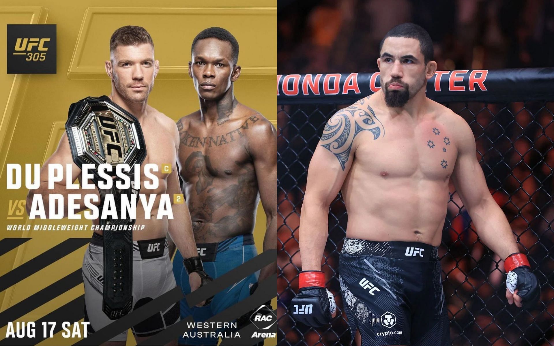 Robert Whittaker (right) could serve as back-up for Dricus du Plessis vs. Israel Adesanya (left) according to Dana White [Images courtesy: Getty Images and @dricusduplessis on Instagram]