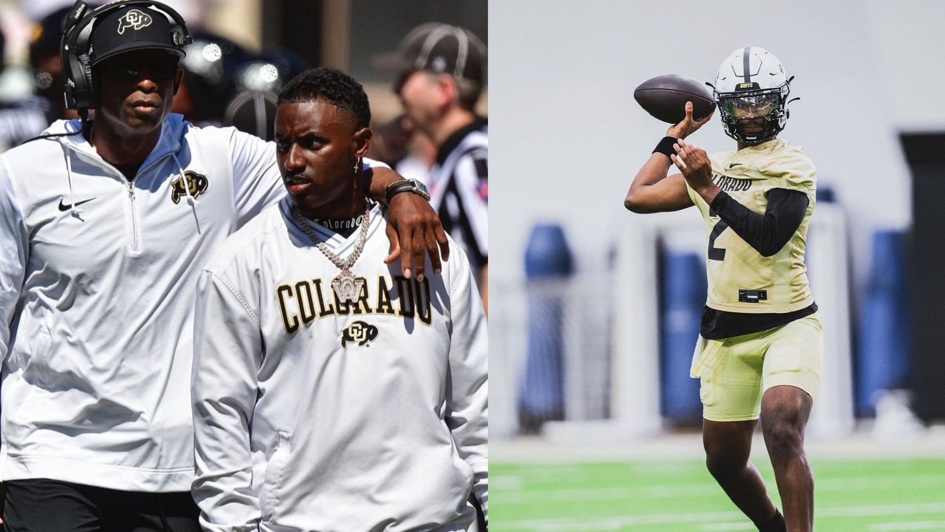 Colorado coach Deion Sanders and his sons, Deion Sanders Jr. and Shedeur 