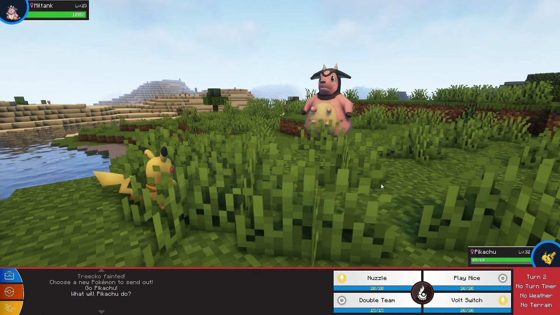 Pikachu and Miltank face off in a Pokemon battle in the Pixelmon mod (Image via PixelSnax/YouTube)
